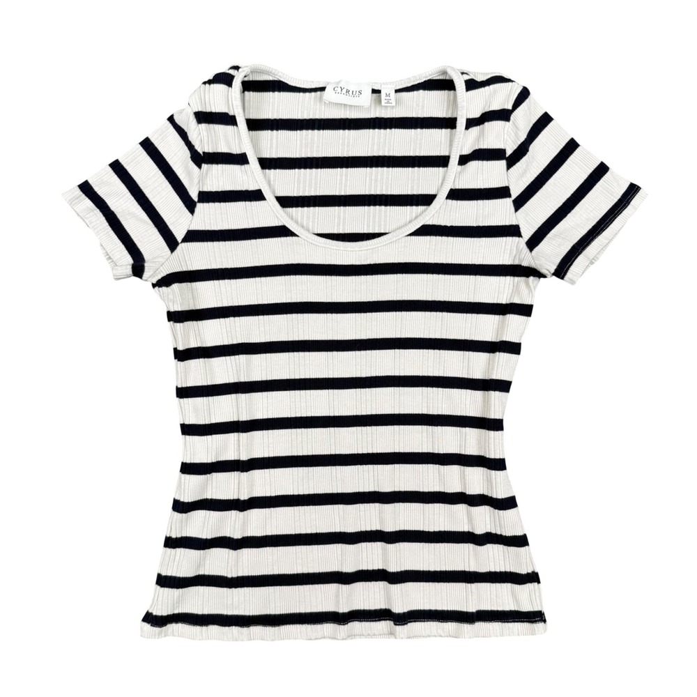 Cyrus Essentials T-Shirt Womens Slim Stripe Black White Ribbed Knit Medium